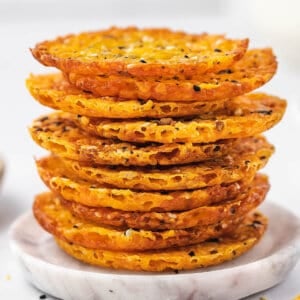 A stack of cheddar pickle chips