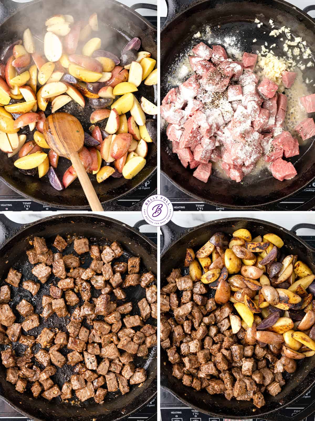 Collage of how to make steak bites and potatoes