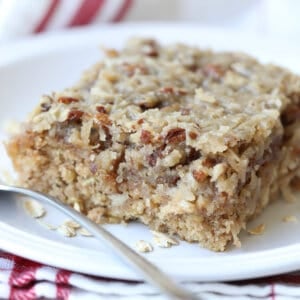 slice of oat pecan cake on plate