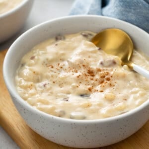 close up of rice pudding in bowl with spoon