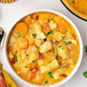 overhead bowl of thai fish yellow curry