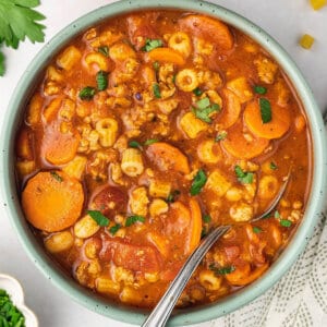 overhead tomato and turkey stew in bowl with spoon