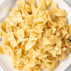 Overhead view of a plate of cafeteria noodles
