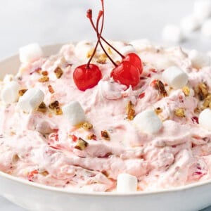 Angled view of a bowl of cherry cheesecake fluff