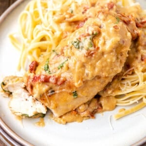 Overhead view of creamy sundried tomato chicken on a plate with pasta