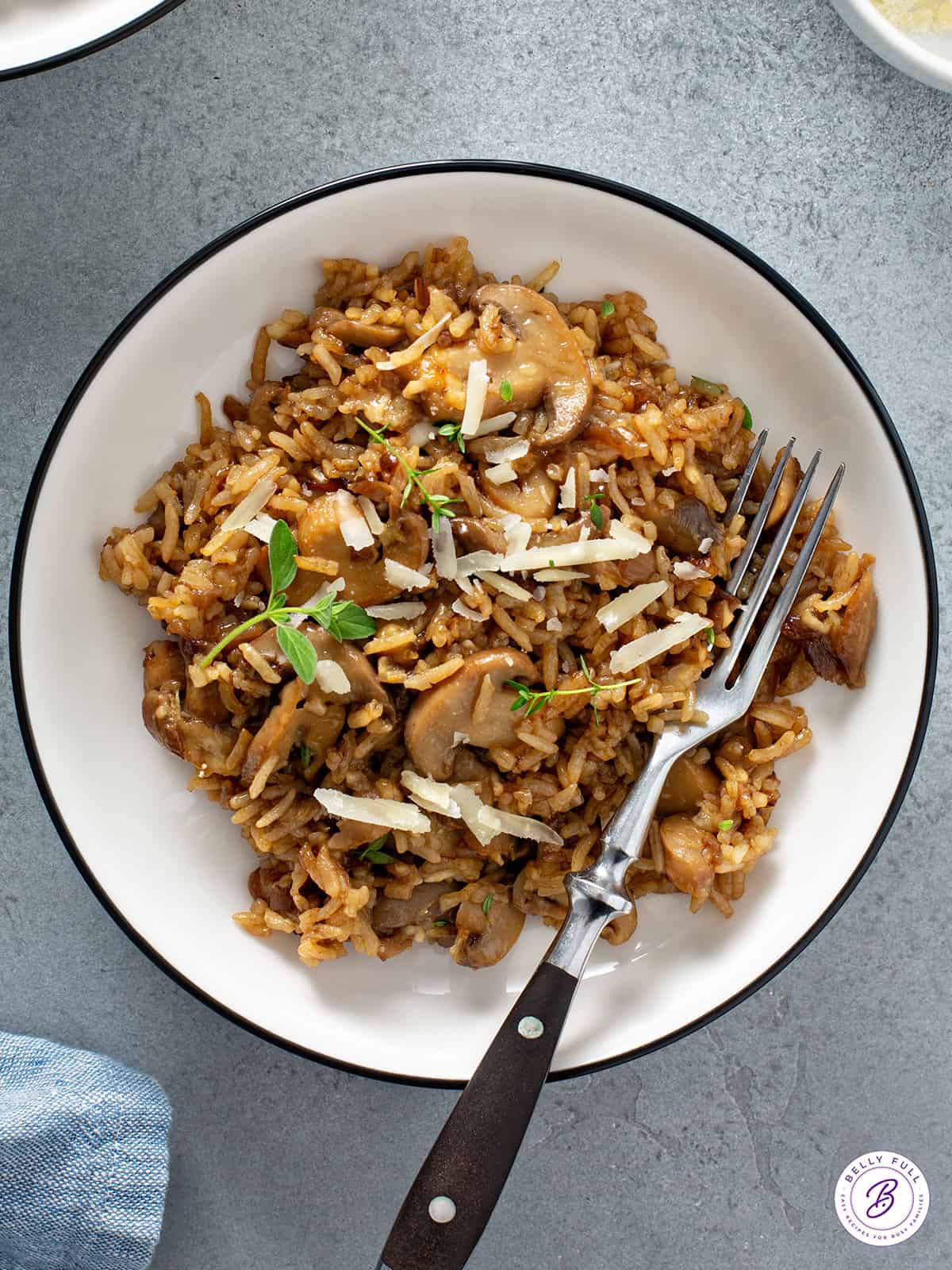 overhead bowl of rice pilaf with fork