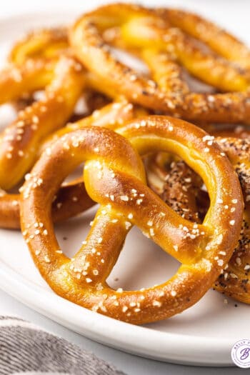 Short soft pretzels with salt on a plate