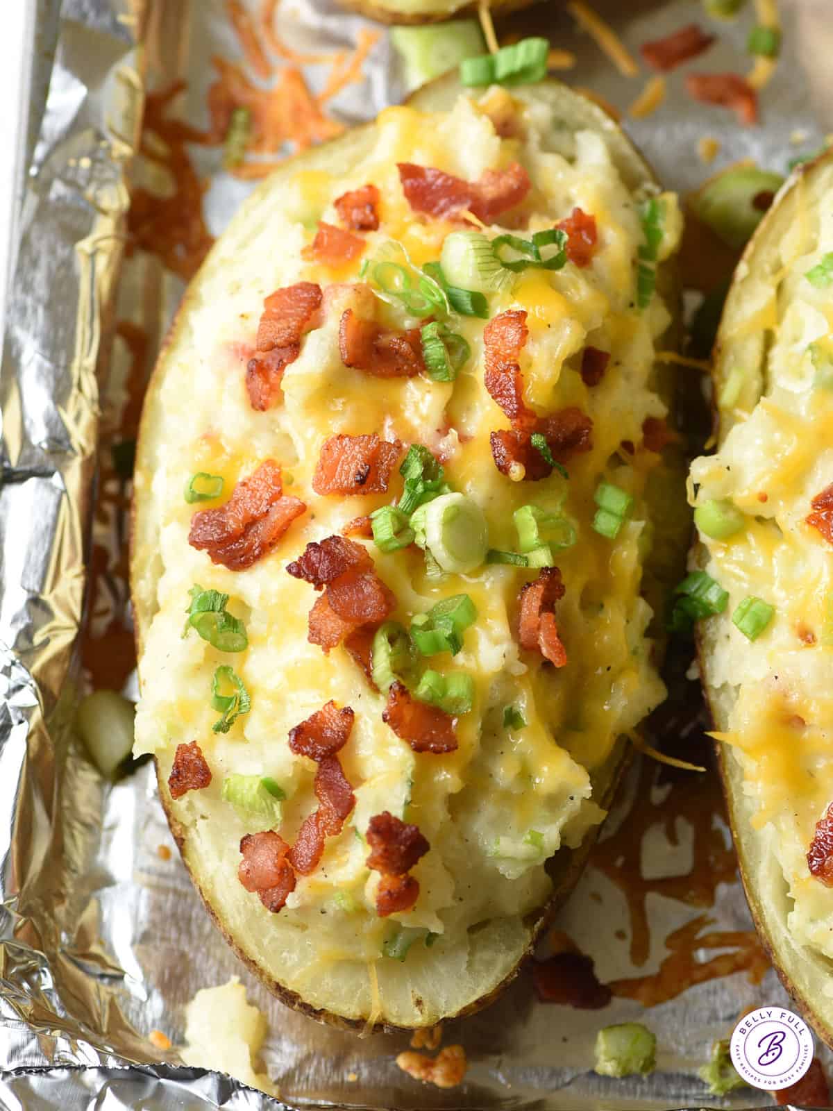 overhead twice baked potato with bacon crumbles