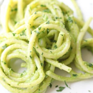 spiral of noodles with creamy avocado sauce