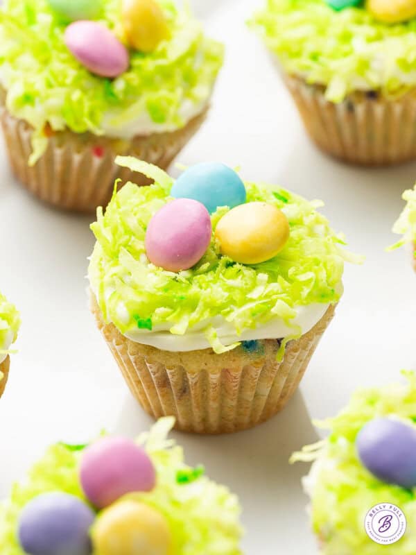 Mini Frosted Easter Cupcakes with pastel M&Ms