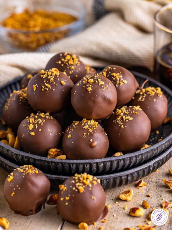 plate of Kahlúa Chocolate Truffles garnished with hazelnut crumbs