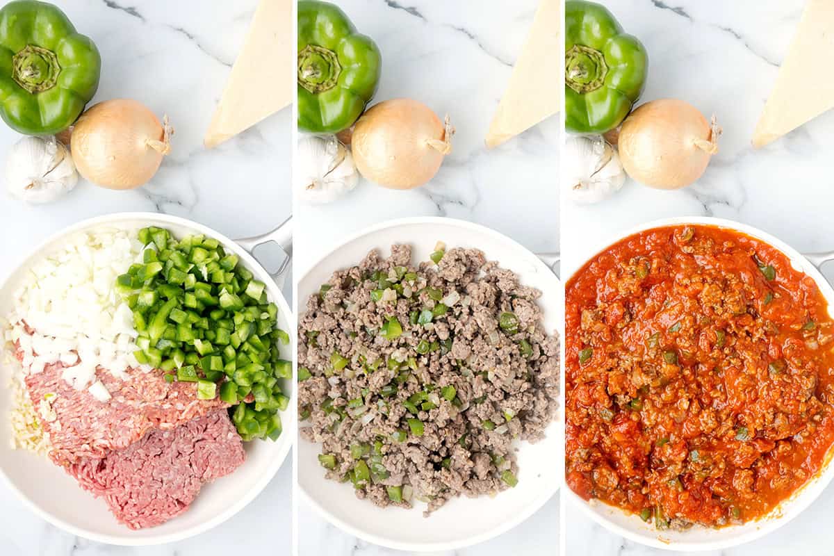 Three images showing the cooking of the meat sauce.