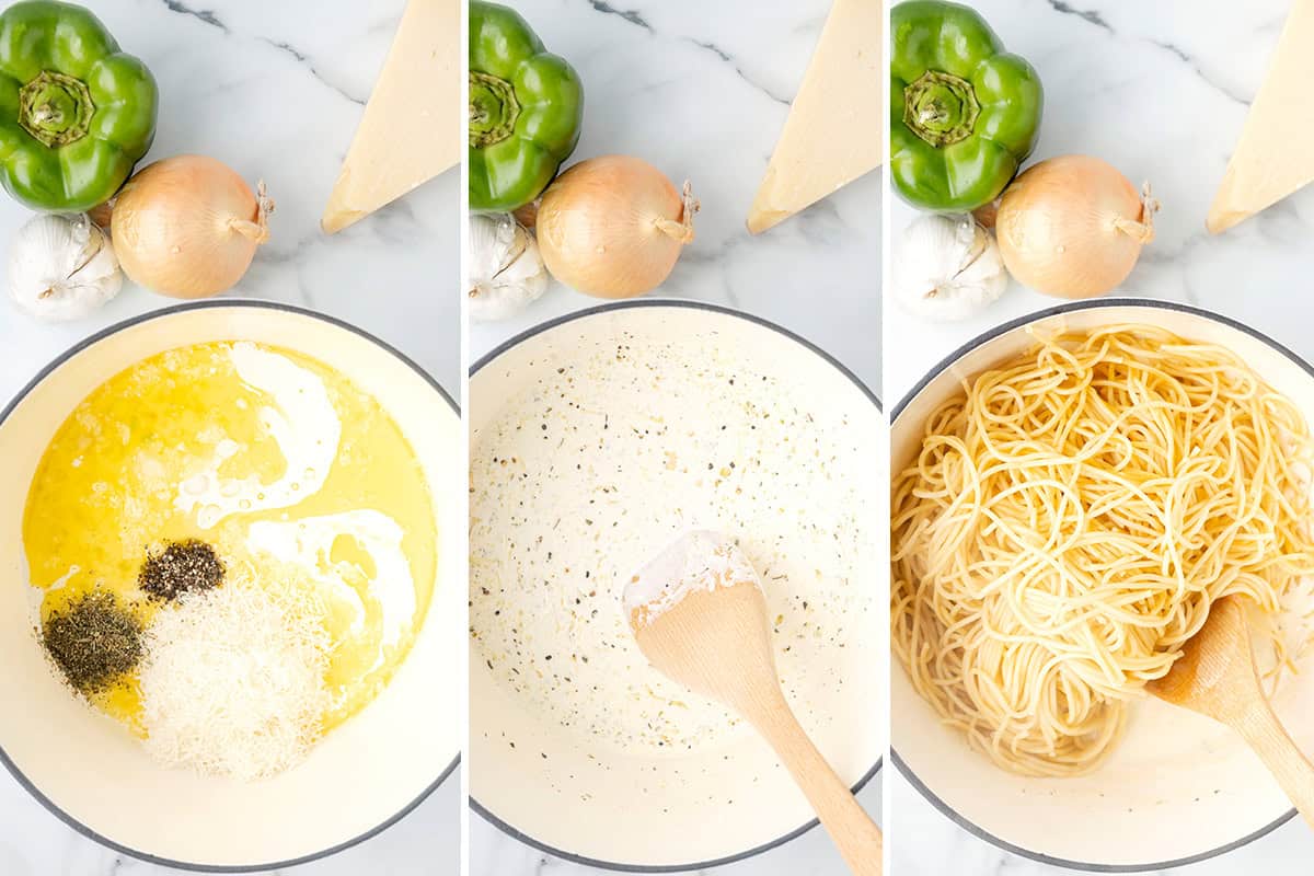 Three images show making the Alfredo sauce and adding the spaghetti; cooking the herbs with garlic and butter, adding cream and then adding the noodles.
