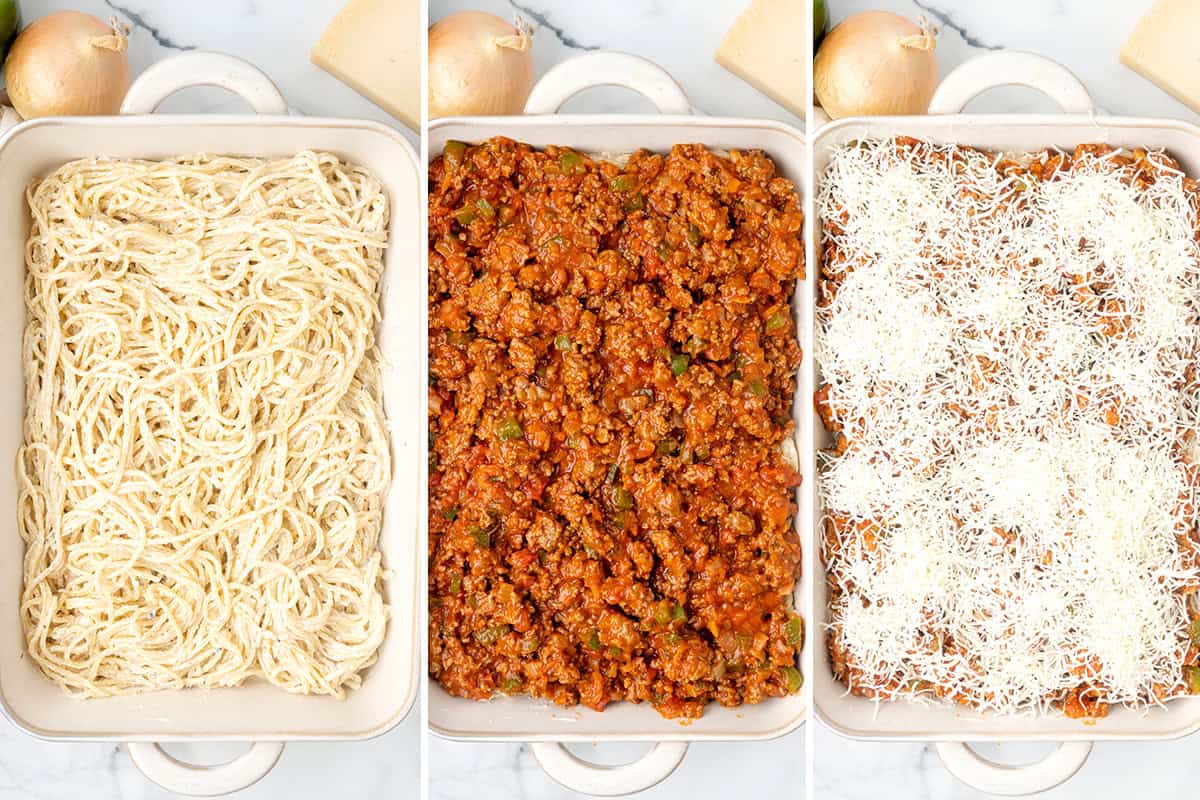 Three images showing the assembly of the casserole: spaghetti noodles with Alfredo sauce, adding the meat sauce, and then sprinkling the cheese on top.