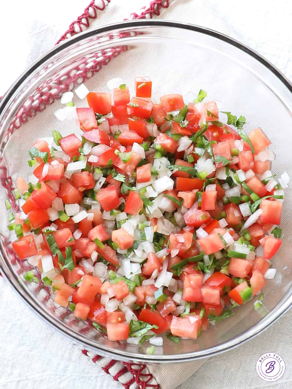 diced up tomatoes, onion, jalapenos, and cilantro mixed together in bowl