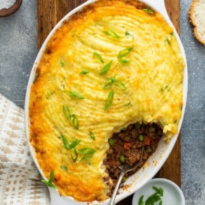 overhead ground beef casserole with golden mashed potato crust