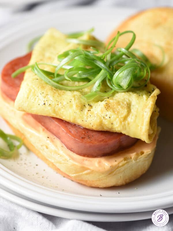SPAM Breakfast Sandwich topped with egg and scallions