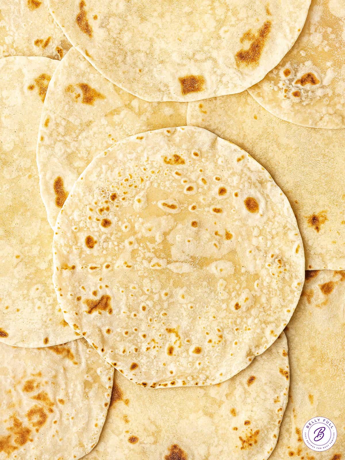 Overhead view of homemade flour tortillas