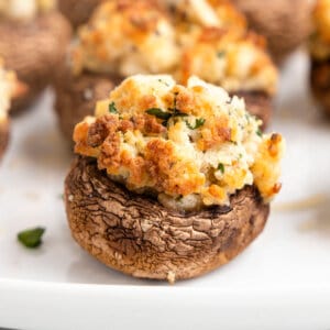 A cream cheese stuffed mushroom on a plate