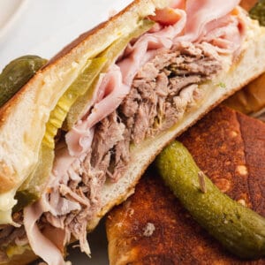 close up half of cubano sandwich