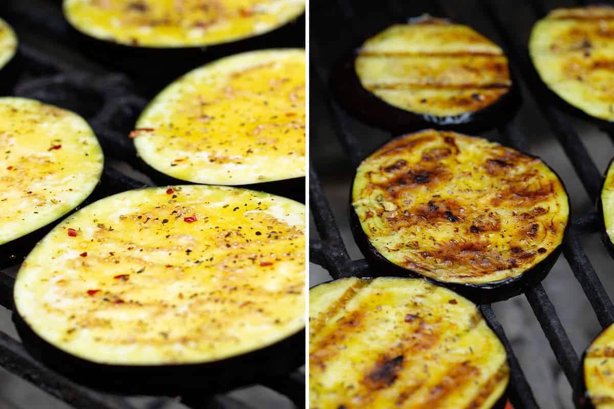 Eggplant brushed with seasoned olive oil on a grill.