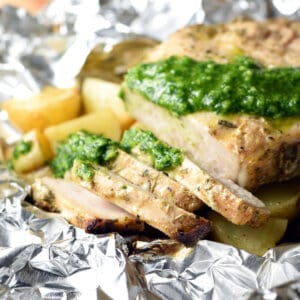 sliced pork chop with Chimichurri sauce