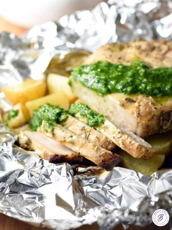 sliced pork chop with Chimichurri sauce