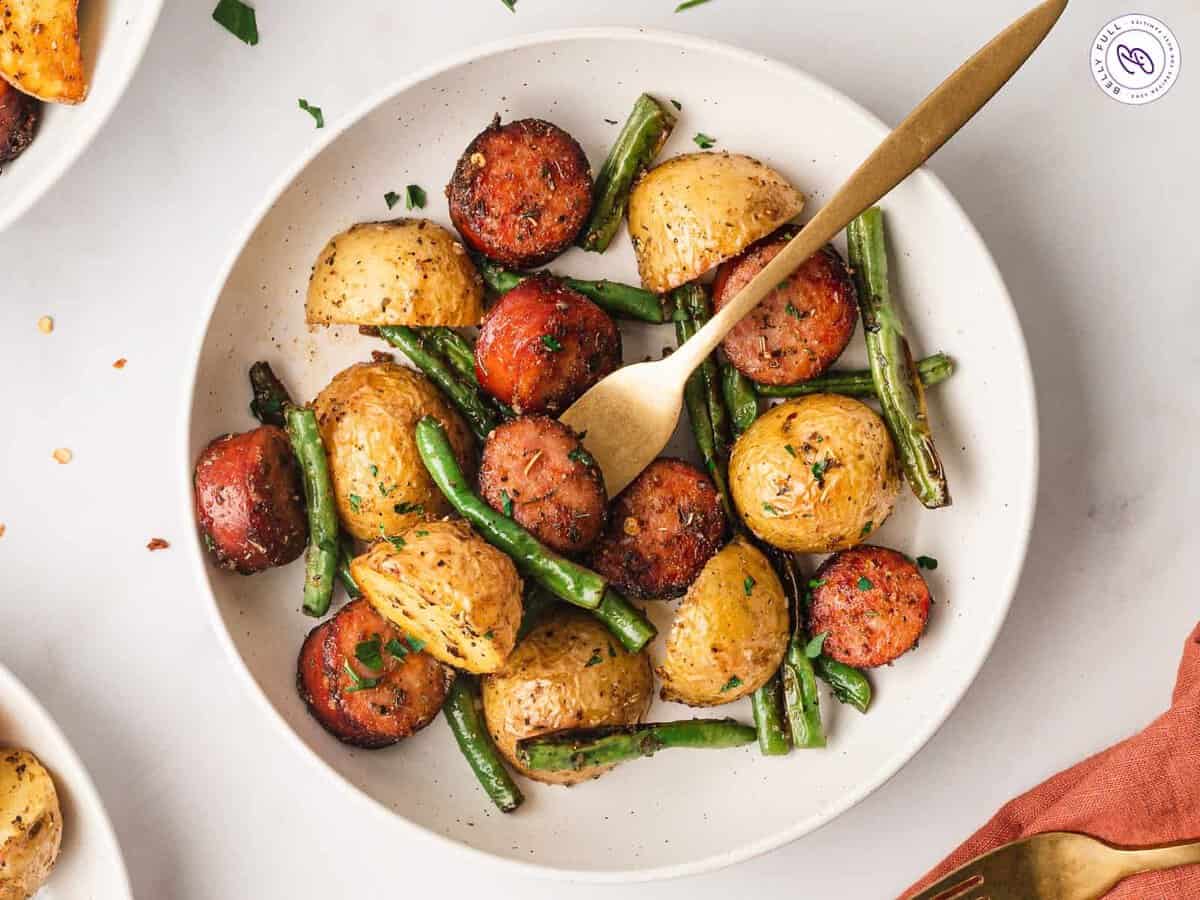 plated air fryer kielbasa and veggies