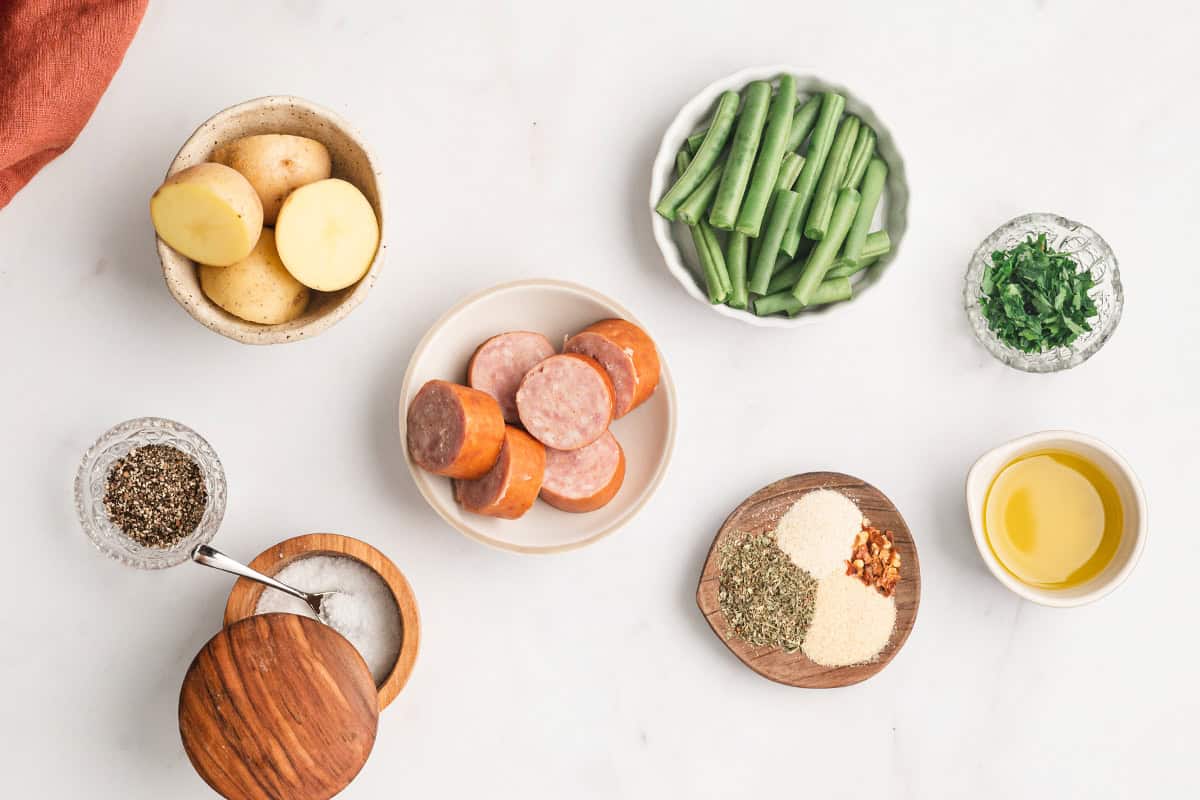 Ingredients to make kielbasa and veggies.