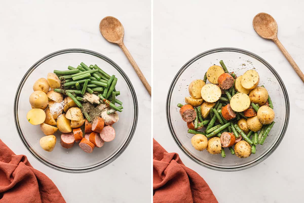 Sliced kielbasa and veggies in a glass bowl with seasonings.