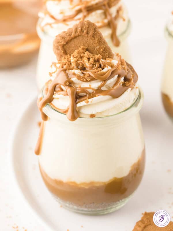 A cheesecake jar topped with Biscoff