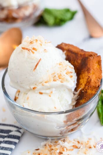 grilled pineapple ring with vanilla ice cream in bowl