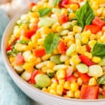 Close up of a bowl of summer succotash