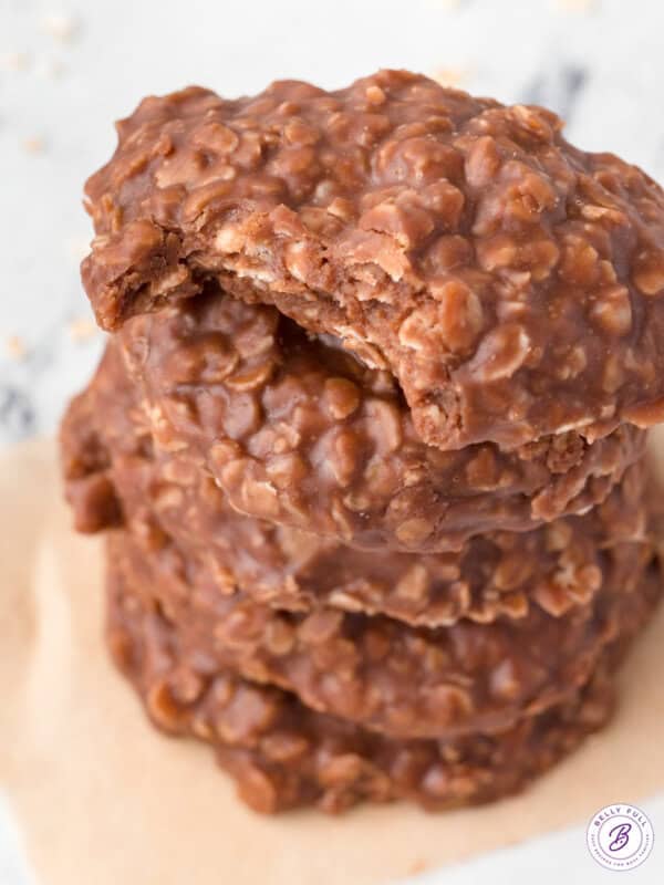 stack on no bake chocolate cookies with bit taken out of top one
