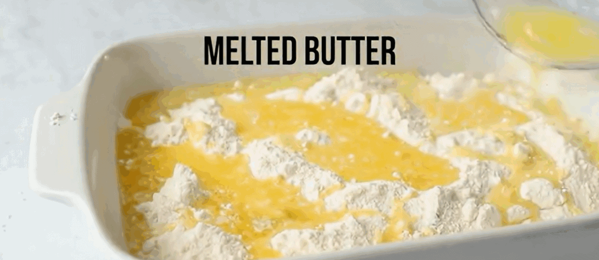 Peach pie filling covered with cake mix and melted butter.