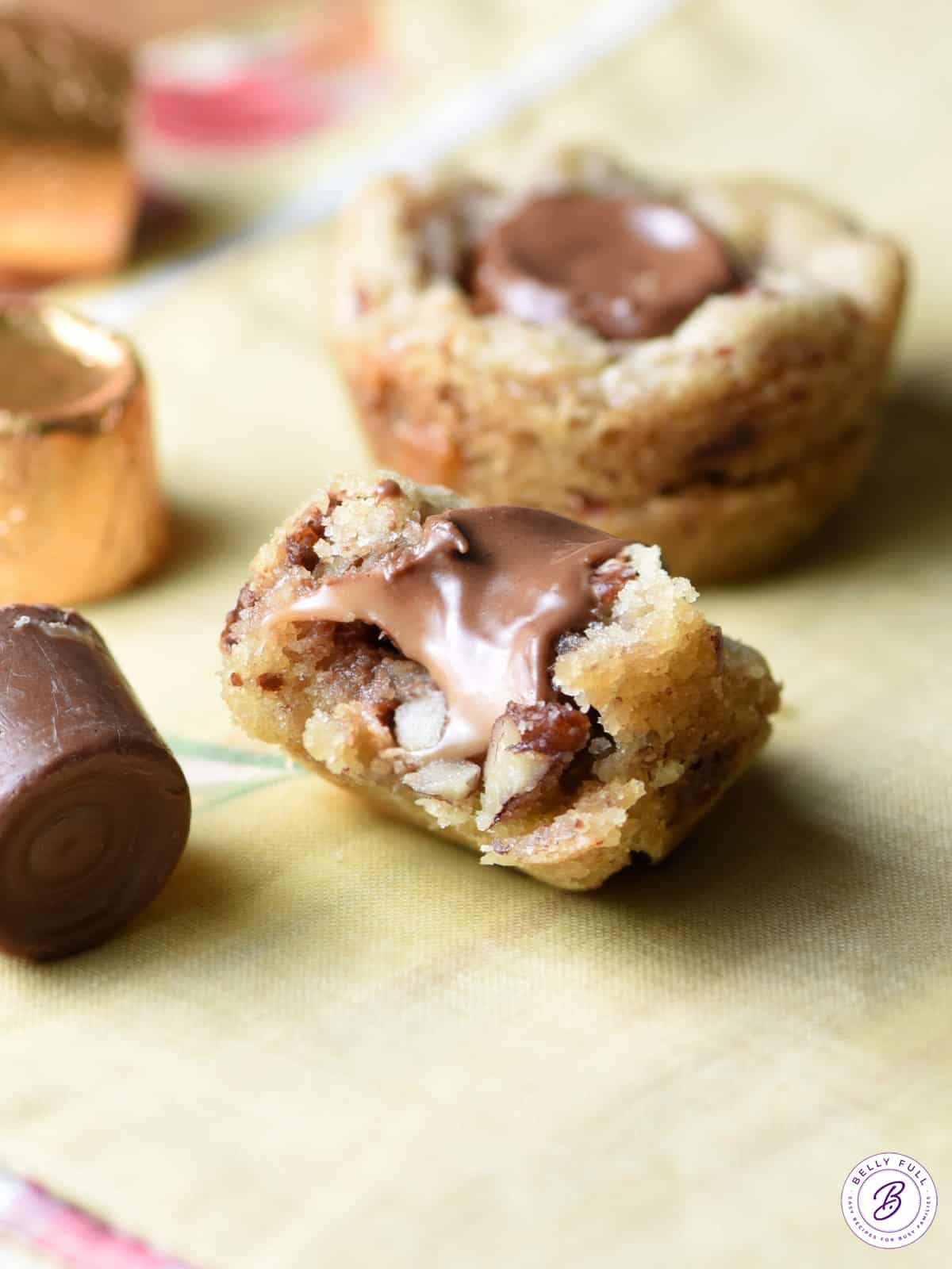 dessert cookie cup cut open with melted chocolate