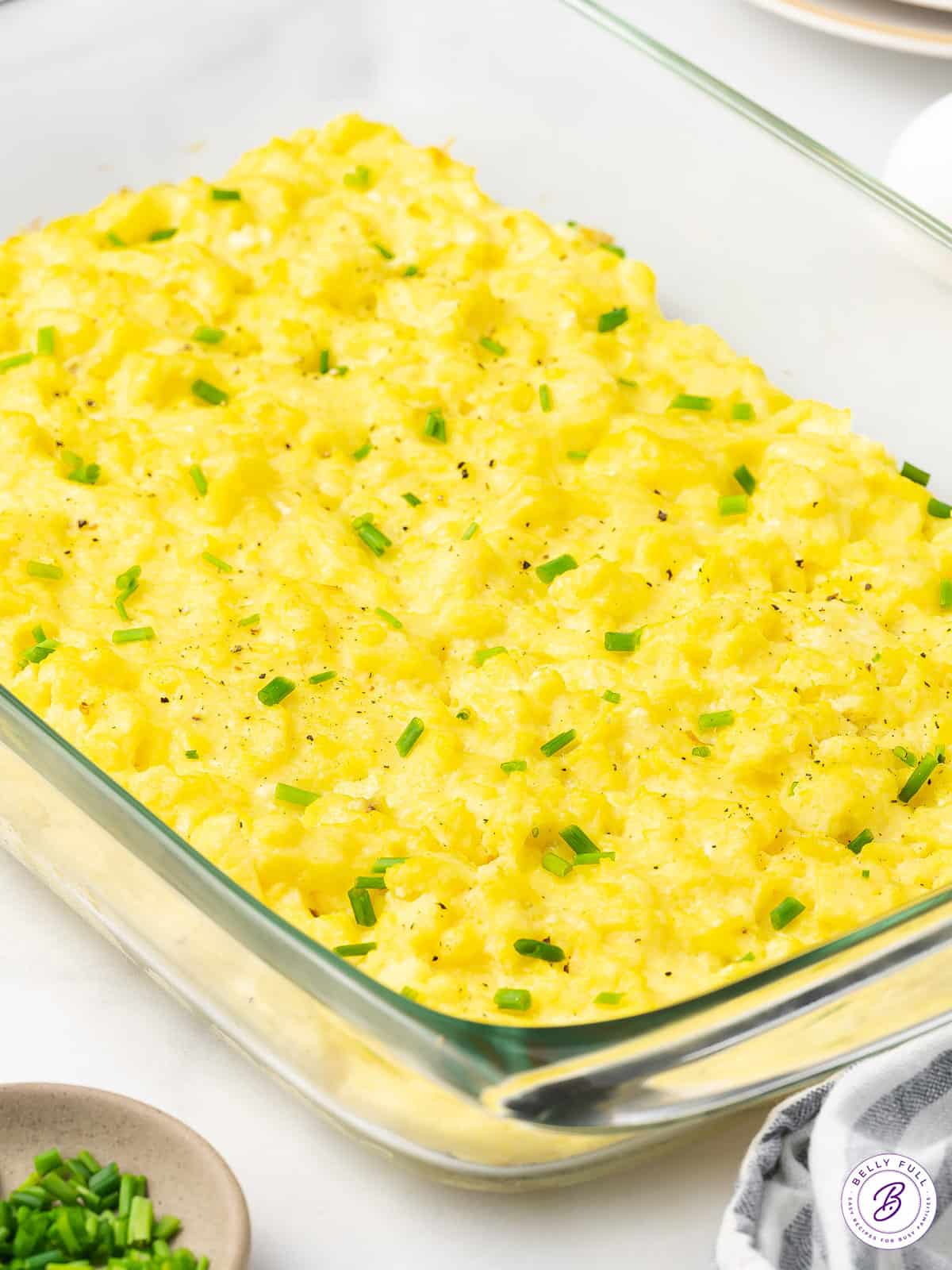 Baked scrambled eggs in a casserole dish