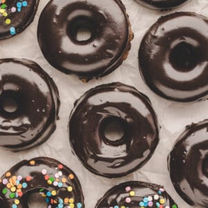 Overhead view of glazed brownie donuts