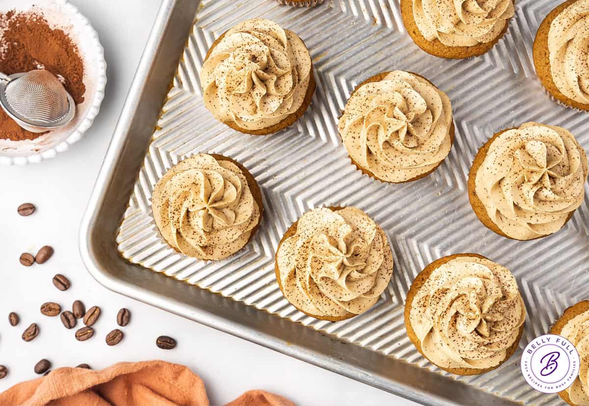 Overhead view of a tray of coffee cupcakes