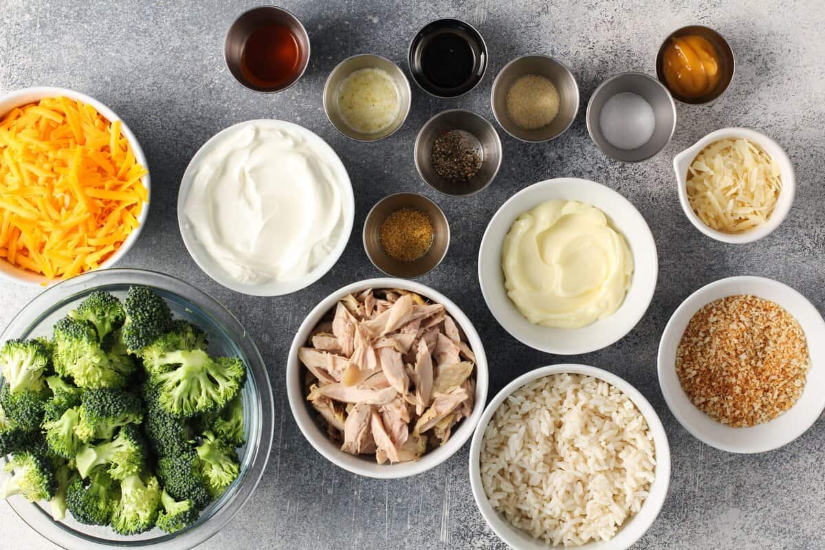 Ingredients to make chicken and broccoli rice casserole.