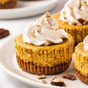 Close up of mini pumpkin cheesecakes on a plate