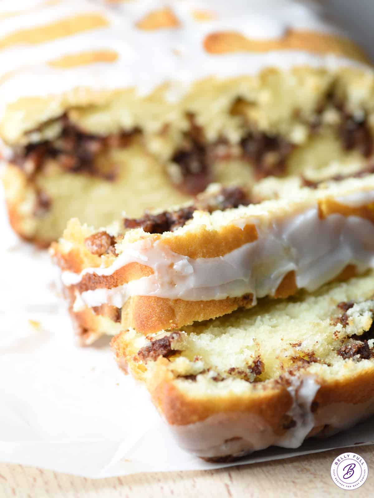 close up slice of cinnamon roll quick bread