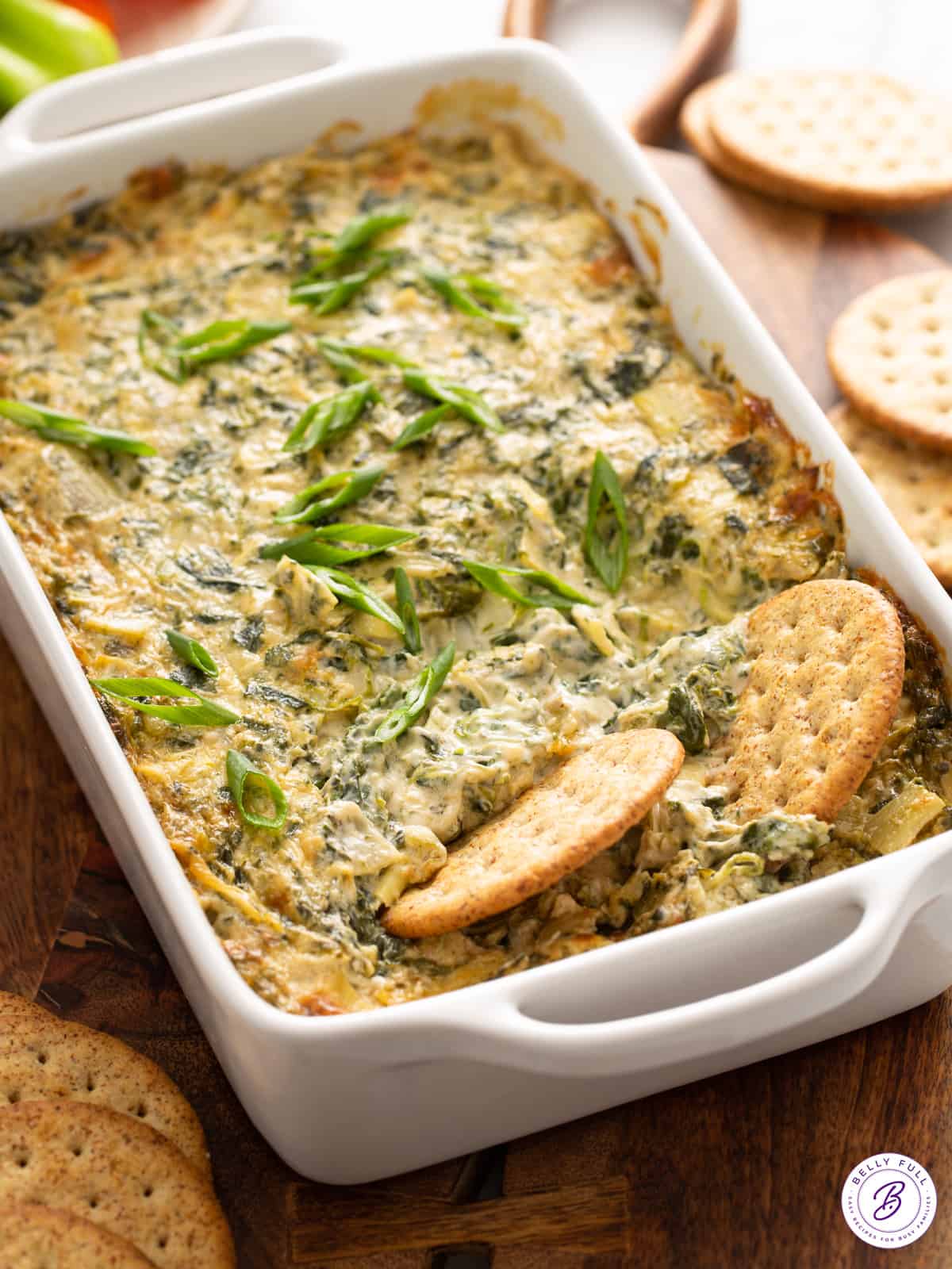 hot dip in casserole dish with crackers