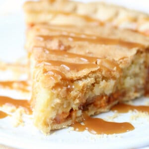 slice of butterscotch pie with caramel drizzle