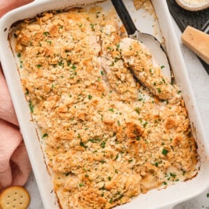 Overhead view of a casserole dish of mayo Ritz chicken