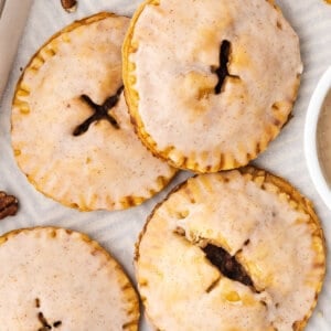 close up overhead glazed pecan hand pies
