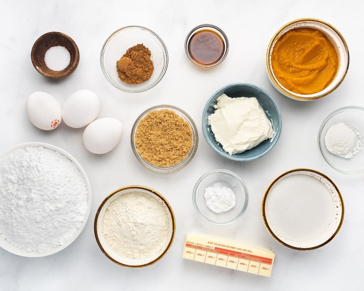 Ingredients to make pumpkin roll cake.