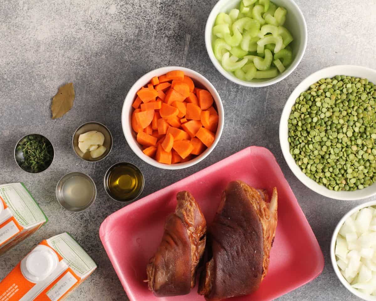Ingredients to make split pea soup.