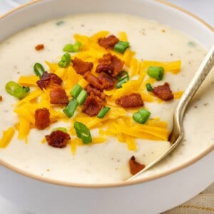 Angled view of a bowl of Panera baked potato soup topped with cheese, bacon, and scallions