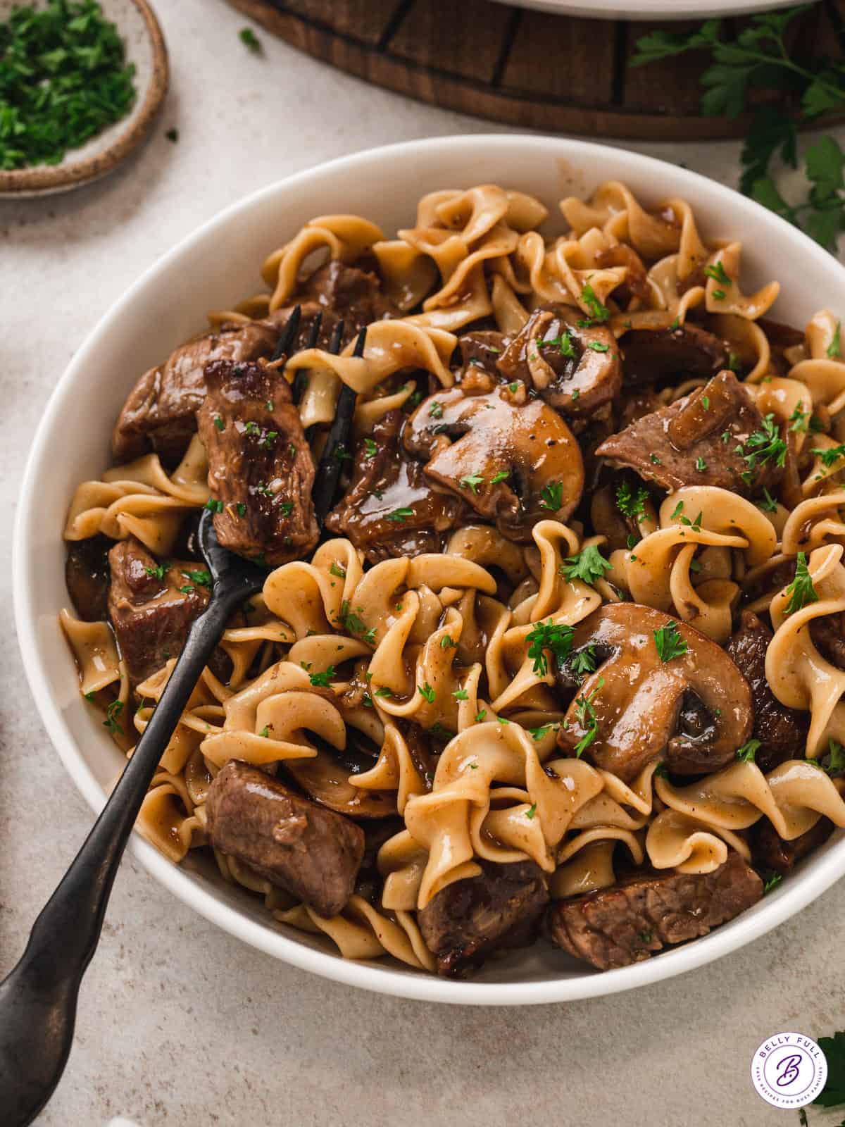 Overhead view of a bowl of beef and noodles